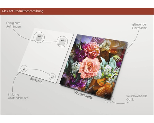 Tableau en verre avec motif floral, support mural et entretoise inclus