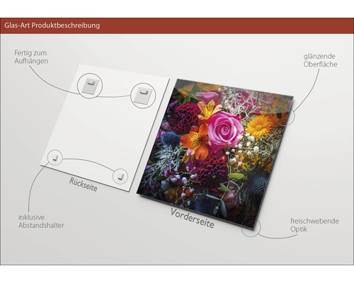 Tableau en verre avec motif floral, y compris entretoise et suspension