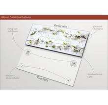 Image en verre avec des branches fleuries et lettrage, y compris des entretoises et un dispositif de suspension