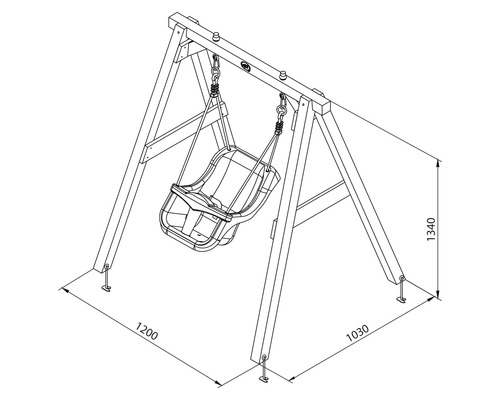 Technische Zeichnung einer Kinderschaukel mit Maßen.
