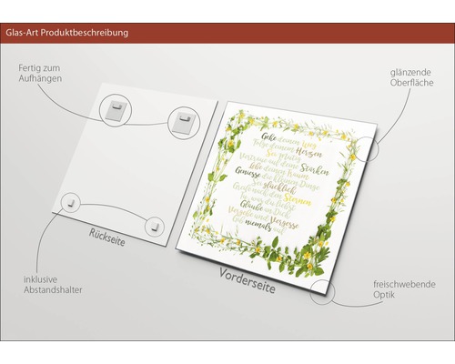Glasbild mit floralem Rahmen und motivierendem Spruch, inklusive Aufhängevorrichtung und Abstandshalter