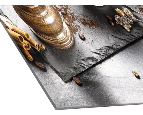 Dekorplatte mit Kaffeemotiv, Kaffeebohnen, Zimtstangen und Kandiszucker