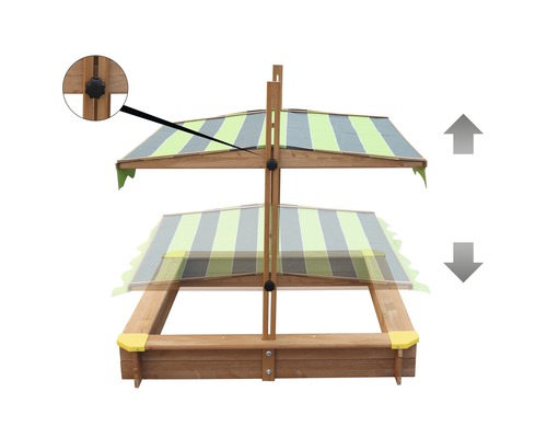 Sandkasten mit höhenverstellbarem Sonnenschutz