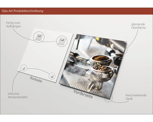 Glasbild mit Kaffee-Motiv, inklusive Aufhängung und Abstandshalter