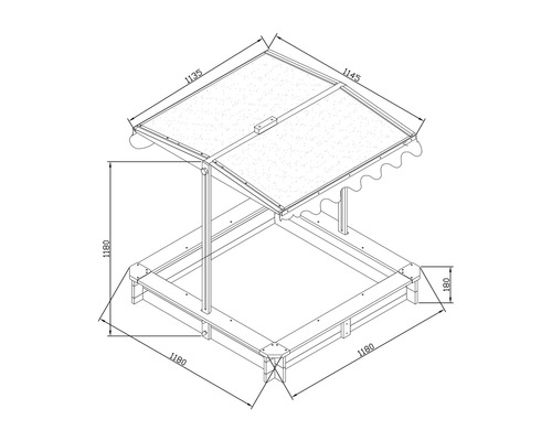 Technische Zeichnung eines Sandkastens mit Abdeckung und Maßangaben.