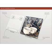 Tableau en verre avec motif de café, support mural inclus et surface brillante