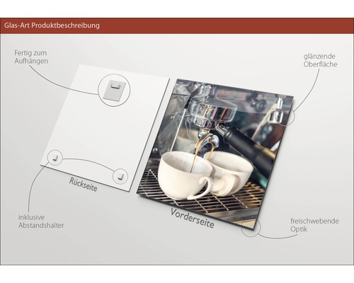 Glasbild mit Kaffeezubereitung, inklusive Aufhängung und Abstandshalter