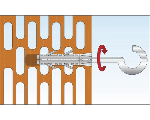 Fixation d''une vis pour chevilles à expansion dans un mur en briques perforées avec une flèche rouge