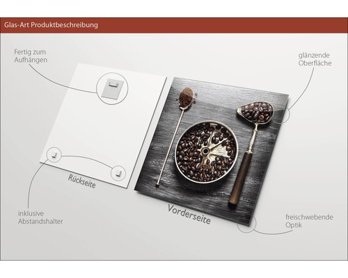 Tableau en verre avec motif de café, suspension et supports muraux inclus