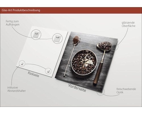 Tableau en verre avec motif de grains de café, supports muraux inclus