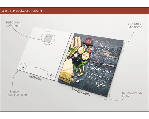 Image en verre avec motif de pâtes, entretoises et dispositif de suspension inclus