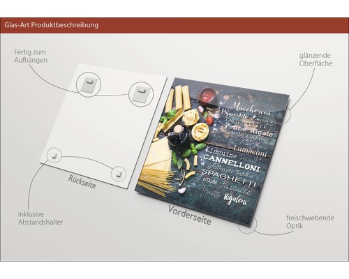 Tableau en verre avec motif de variétés de pâtes, y compris crochets et entretoises.