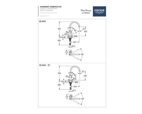 Schéma technique d''un robinet Grohe Eurosmart Cosmopolitan avec indication des dimensions