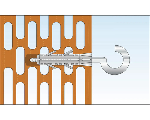 Cheville pour corps creux avec crochet à vis dans un mur en briques perforées