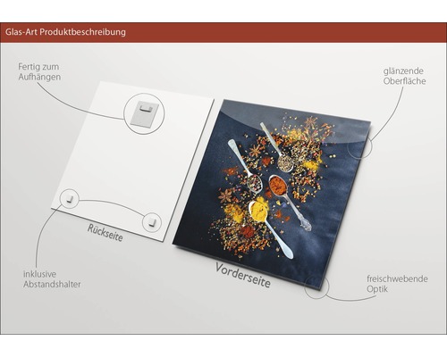 Glasbild Produktbeschreibung: Vorderseite mit Gewürzen in Löffeln, Rückseite mit Aufhängung und Abstandshalter