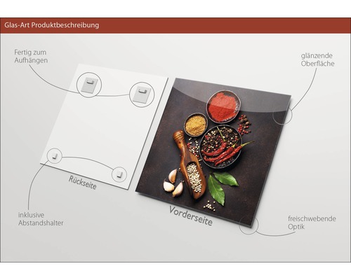 Glasbild mit Gewürz-Motiv, inklusive Abstandshalter und glänzender Oberfläche