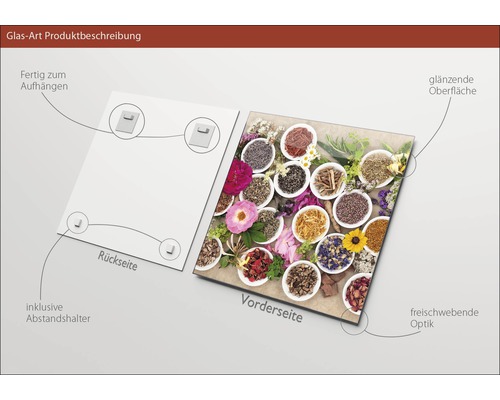 Image en verre avec herbes et fleurs, support de fixation inclus
