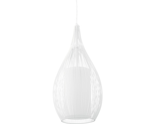 Weiße Hängelampe mit Drahtschirm und Stoffdiffusor