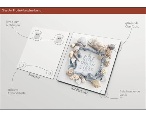 Glasbild mit Aufhängung, Abstandshalter, glänzender Oberfläche und Meeresmotiv