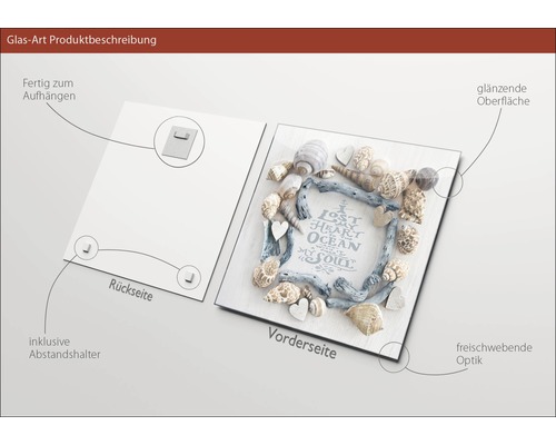 Glasbild mit glänzender Oberfläche, fertig zum Aufhängen, inklusive Abstandshalter und Rückseite