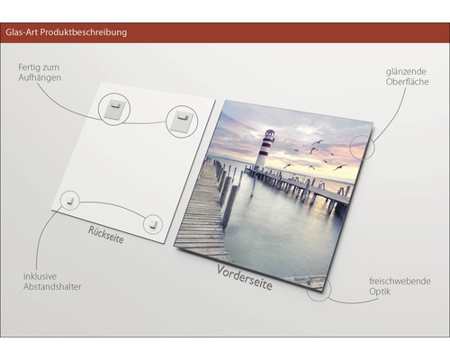 Tableau en verre avec motif phare sur ponton en bois, fixation et entretoise incluses