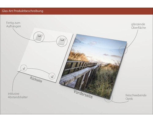 Glasbild Produktbeschreibung: Rückseite mit Aufhängern und Abstandshaltern, Vorderseite mit glänzender Oberfläche und freischwebender Optik