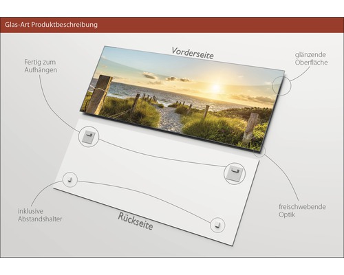 Glasbild mit Strandmotiv, inklusive Abstandshalter und glänzender Oberfläche, zur Wandmontage bereit