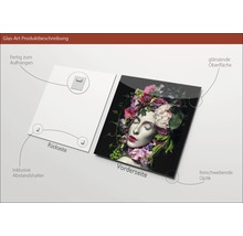 Glasbild mit Darstellung einer Frau mit Blumen, inklusive Halterungen zur Aufhängung