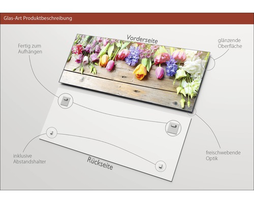 Glasbild mit Blumenmotiv, inklusive Abstandshalter, glänzender Oberfläche und Aufhängung