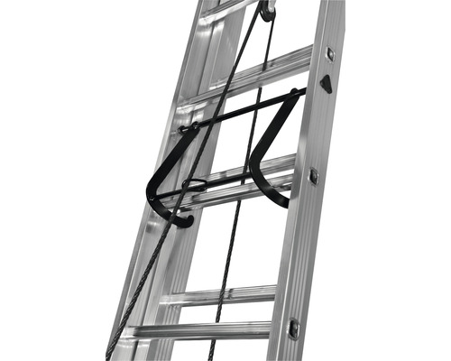 Vue détaillée d''une échelle en aluminium avec crochet de suspension noir et tire-câble