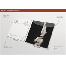 Tableau en verre avec une représentation d''une femme, entretoises et suspension incluses