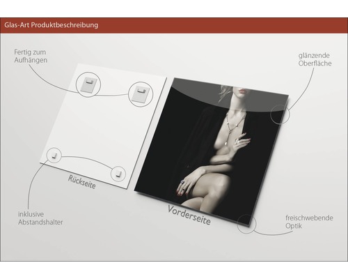 Tableau en verre avec une représentation d''une femme, entretoises et suspension incluses