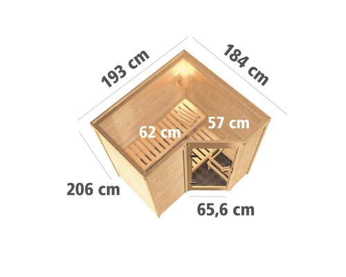 Vue de dessus d''un sauna d''angle avec dimensions