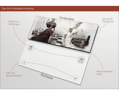 Glasbild mit Schachmotiv, inklusive Abstandshalter und Aufhängvorrichtung, glänzende Oberfläche