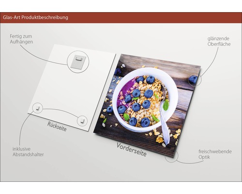 Glasbild mit Aufhängevorrichtung und Abstandshalter, Motiv Müslischale