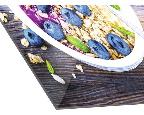 Acrylglasbild mit Müslischale und Blaubeeren auf Holztisch