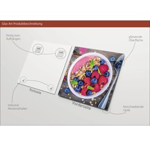 Image en verre avec surface brillante et motif de smoothie, avec entretoises et fixations.