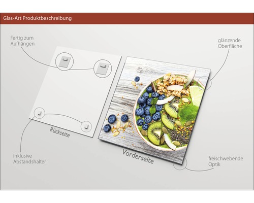 Glasbild mit Lebensmittel-Motiv, inklusive Aufhängung und Abstandshalter