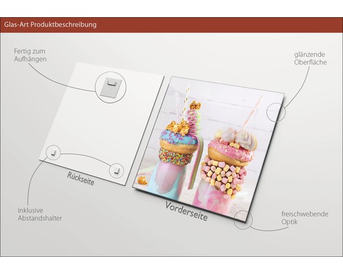 Tableau en verre avec surface brillante, y compris entretoise et suspension