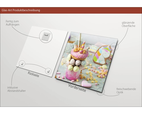 Description du produit photo en verre: Dos avec suspension et entretoise, face avant avec surface brillante