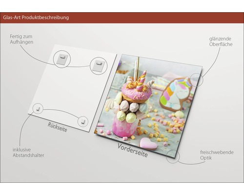 Tableau en verre avec motif de licorne, y compris supports d''écartement et suspension