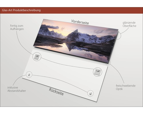 Glasbild mit Bergmotiv, inklusive Abstandshalter und glänzender Oberfläche, fertig zum Aufhängen