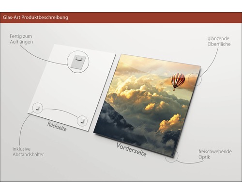 Glasbild mit Aufhängung, Abstandshalter, glänzender Oberfläche und schwebender Optik