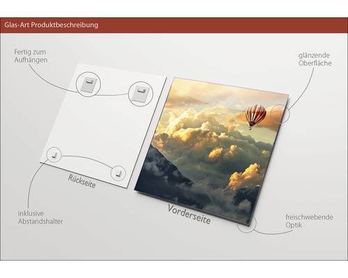 Glasbild mit Motiv von Ballon über Berglandschaft, inklusive Abstandshalter und Aufhängung