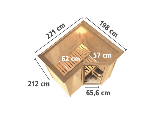 Vue de dessus d''un sauna d''angle avec les dimensions 221 cm, 198 cm, 212 cm et 65,6 cm