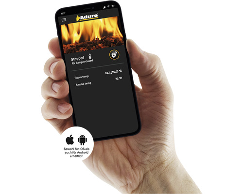 Eine Hand hält ein Smartphone, das die Aduro App mit Temperaturanzeigen anzeigt