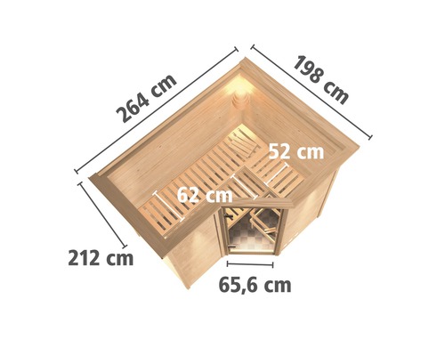 Dimensions d''un sauna d''angle mesurant 264 cm, 198 cm, 212 cm et 65,6 cm.