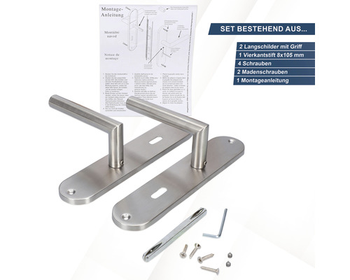 Türbeschlag Set bestehend aus zwei Langschildern mit Griff, Vierkantstift, Schrauben, Madenschrauben und Montageanleitung