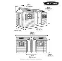 Schéma technique d''une cabane de jardin avec dimensions et logo Lifetime.
