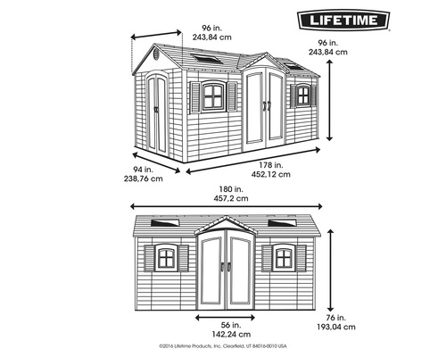 Schéma technique d''une cabane de jardin avec dimensions et logo Lifetime.
